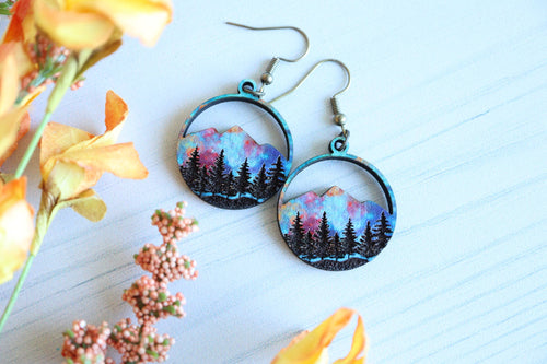 Wanderlust Sunset Mountain Wooden Stud Dangle Earrings