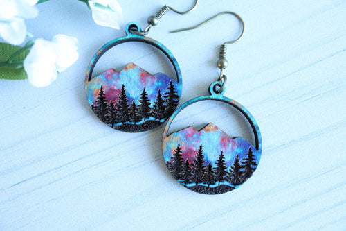 Wanderlust Sunset Mountain Wooden Stud Dangle Earrings