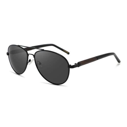 Classic Aviator Hybrid Acetate Frame Sunglasses with Real Wood Inlay & Polarized Lenses by WUDN Ebony Wood & Smoke Black Lenses