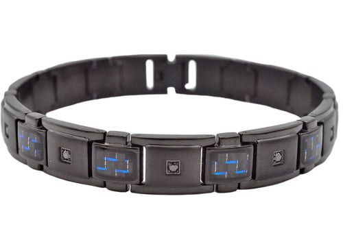 Men's Black And Blue Carbon Fiber Black Stainless Steel Bracelet With Black Cubic Zirconia 8.5 inch
