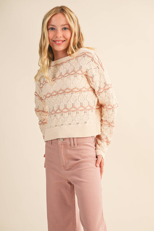 TWEEN GIRLS KIDS CREW NECK WAVY POINTELLE L/S SWEATER (7-14)