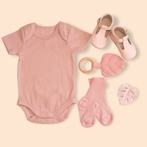 Organic bodysuit short sleeve- ribbed cotton onesie for baby 1. Pink 12-18 month