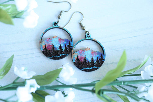 Wanderlust Sunset Mountain Wooden Stud Dangle Earrings