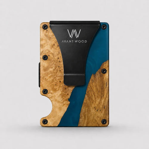 Men's Wood Wallet Burl Wood & Blue Resin