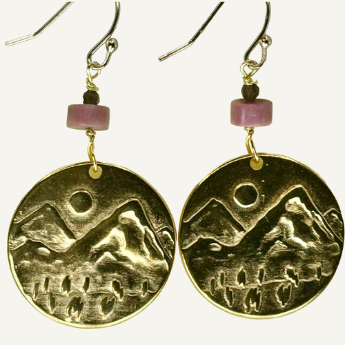 Gold mountain earrings with rhodonite and smoky quartz