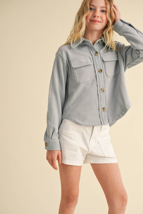 DOUBLE POCKET CROPPED SOFT SHACKET (7-14)