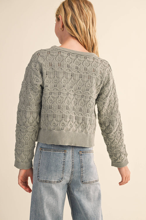 TWEEN GIRLS KIDS CREW NECK WAVY POINTELLE L/S SWEATER (7-14)