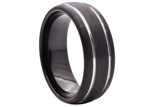 Black Double Etched Stripe Band Ring 8