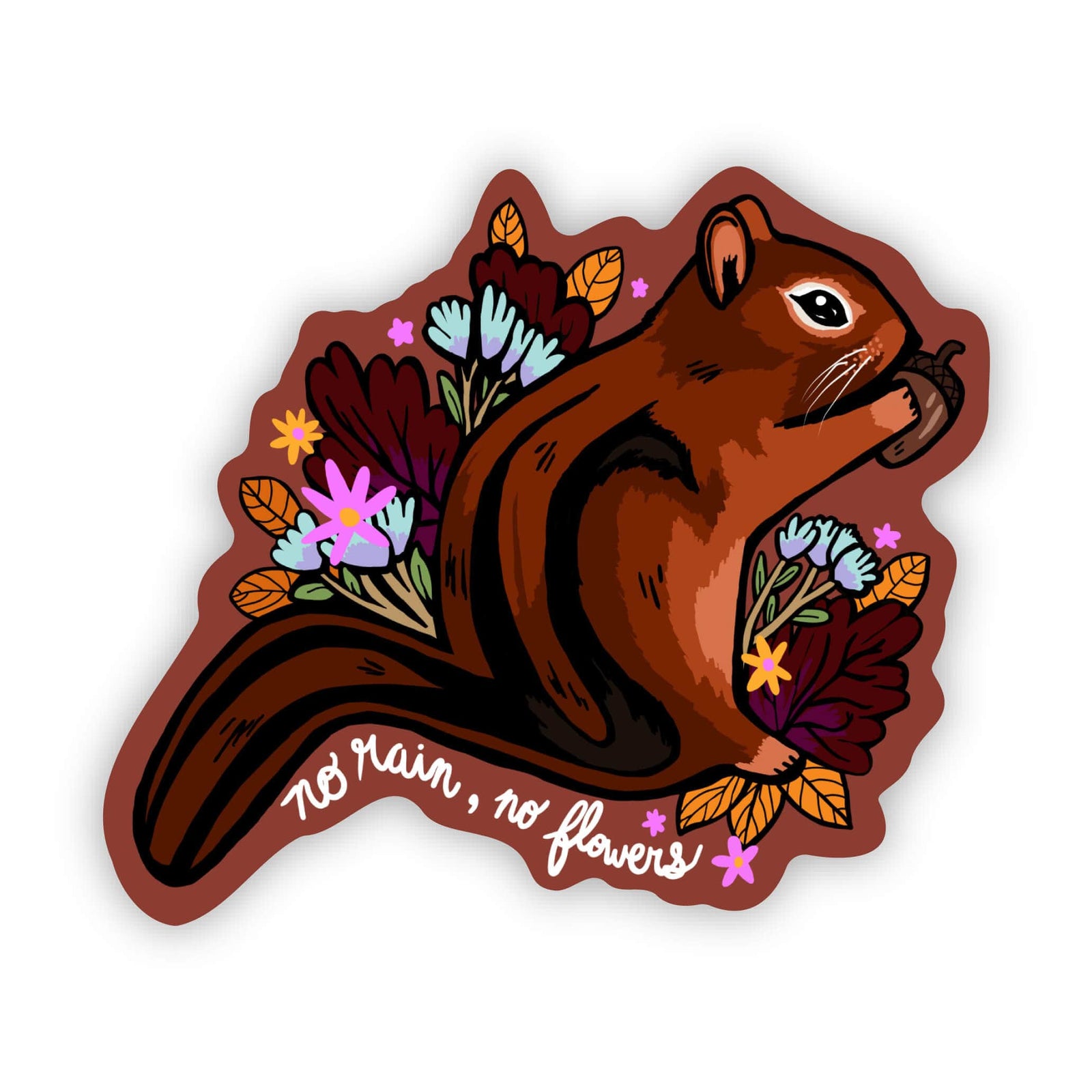 "No rain, no flowers" squirrel sticker