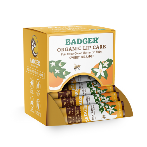 Badger Cocoa Butter Lip Balm, Sweet Orange, Hydrating 18ct