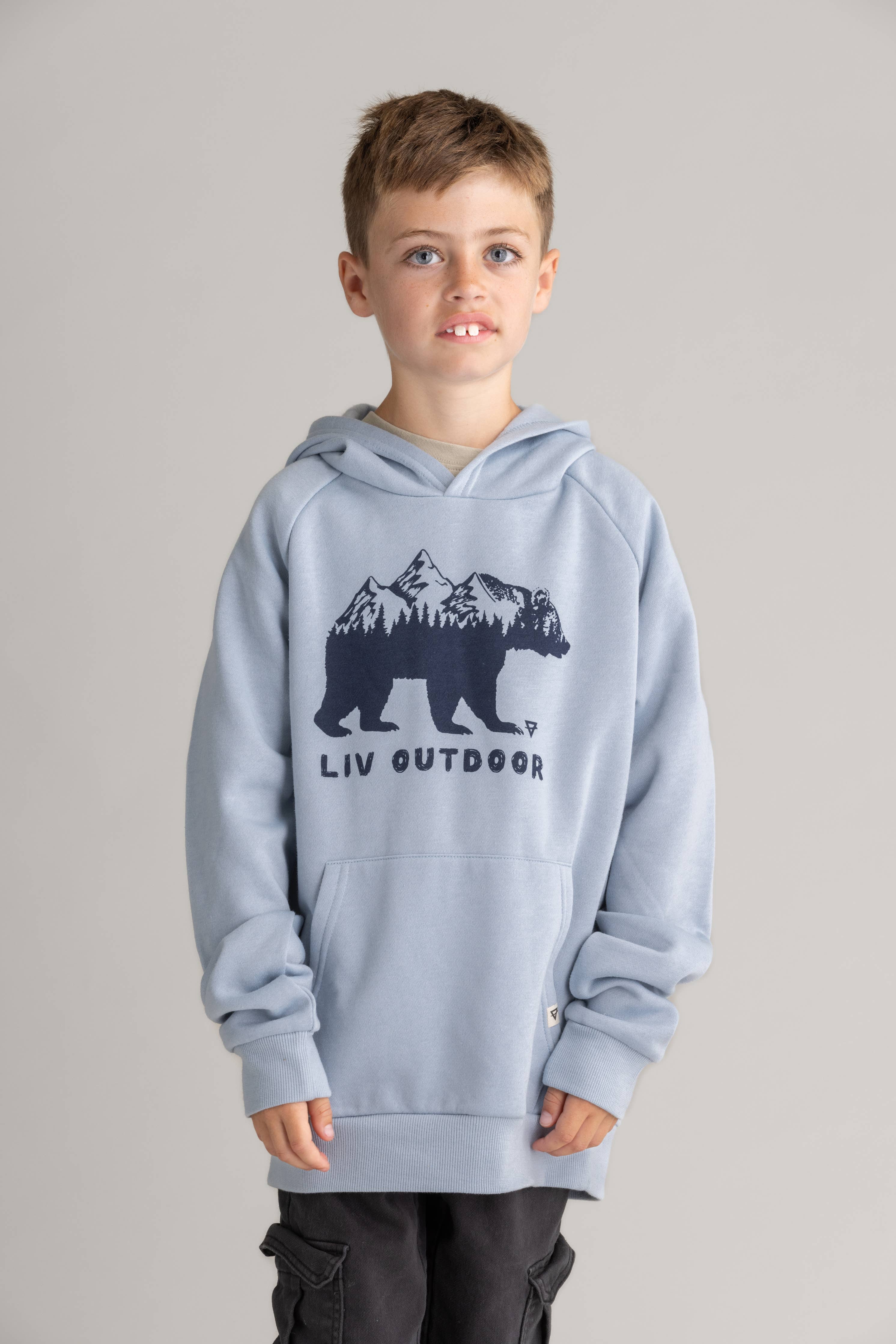 LIV Outdoor Boys Graphic Pullover Hoodie Niagra Mist Bear Mountain