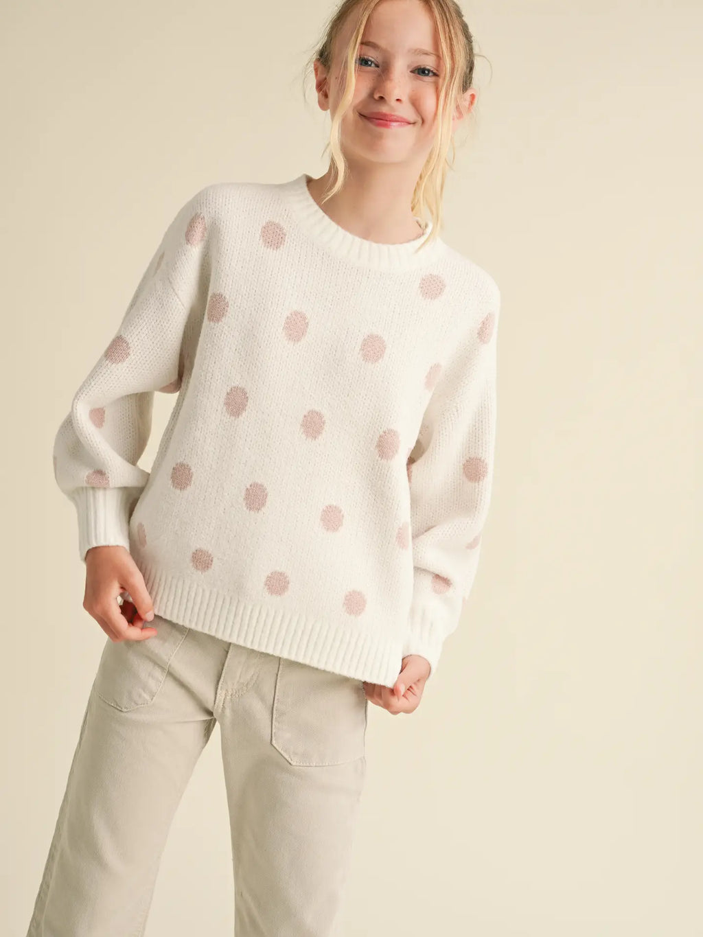 Tween Girls Polkadot Crew Neck Sweater White