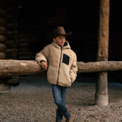 BURLEBO Youth Mountain Fleece Hoodie Jacket Tan and Dark Navy