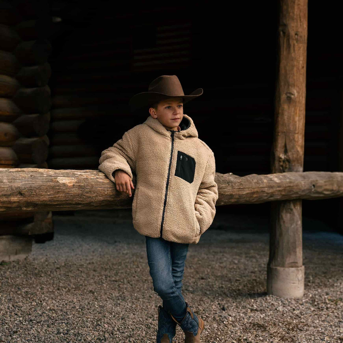 BURLEBO Youth Mountain Fleece Hoodie Jacket Tan and Dark Navy