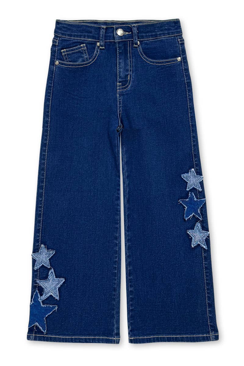 Girl's Wide Leg Denim Jean w/Star Applique Dark Denim