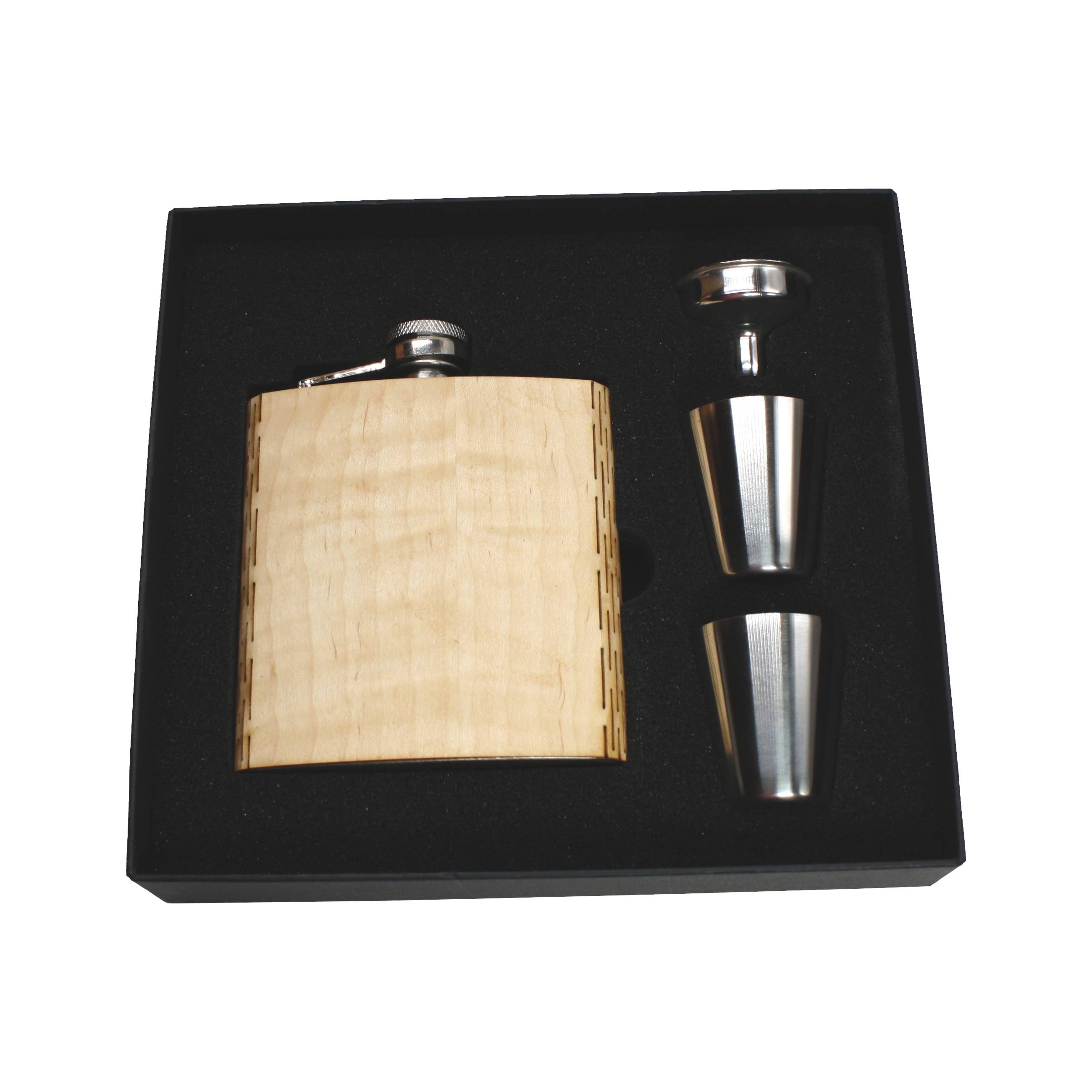 6 oz. Wooden Hip Flask & Gift Box with Shotglasses & Funnel