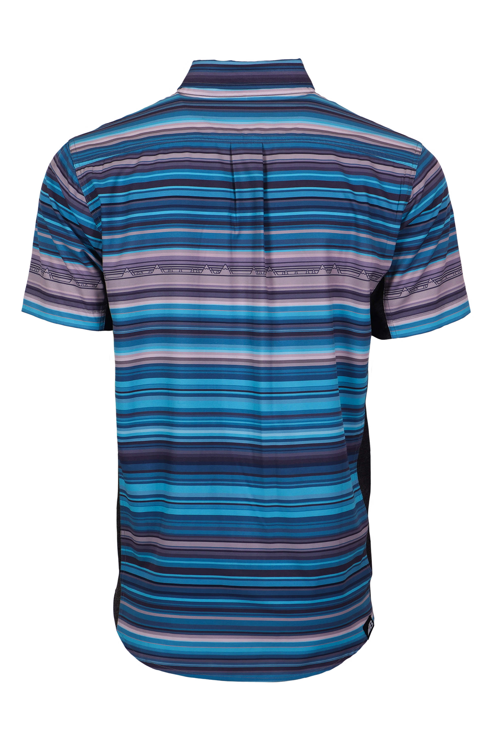 The Vista Stretch Button Down from Belong Designs features a modern, casual design in Summit Teal. This short-sleeve shirt includes a buttoned-down collar and is crafted from wrinkle-resistant fabric. It also comes with a small chest pocket adorned with a logo patch reading "Belong Designs.