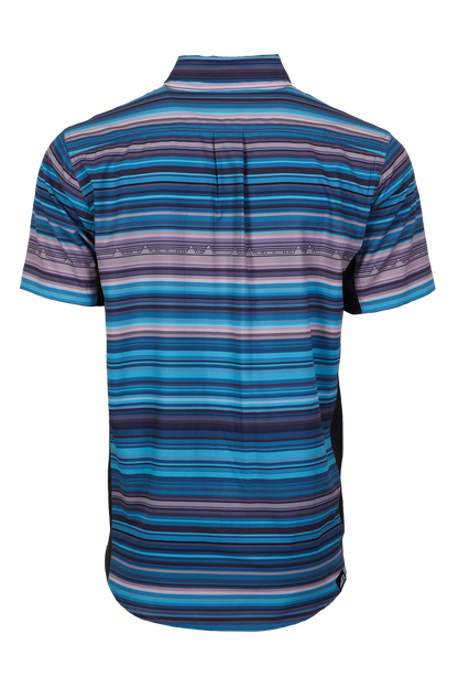 The Vista Stretch Button Down from Belong Designs features a modern, casual design in Summit Teal. This short-sleeve shirt includes a buttoned-down collar and is crafted from wrinkle-resistant fabric. It also comes with a small chest pocket adorned with a logo patch reading "Belong Designs.