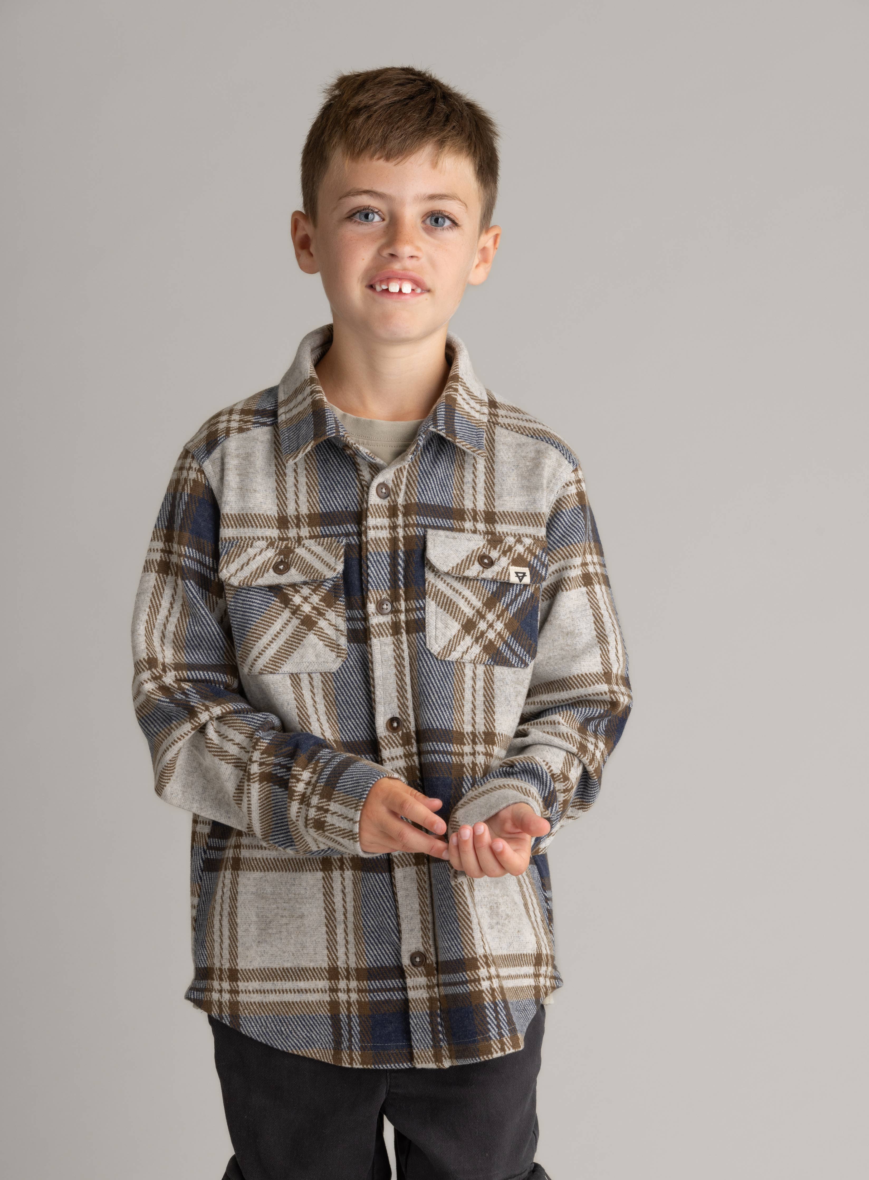 Boys Lichen Stretch Flannel Shirt Glacier Gray Plaid