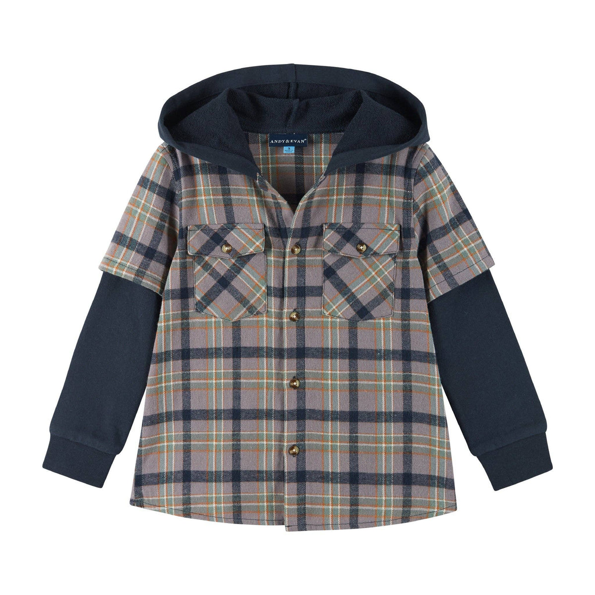 Andy & Evan Kids Plaid Flannel Terry Twofer Hoodie Brown