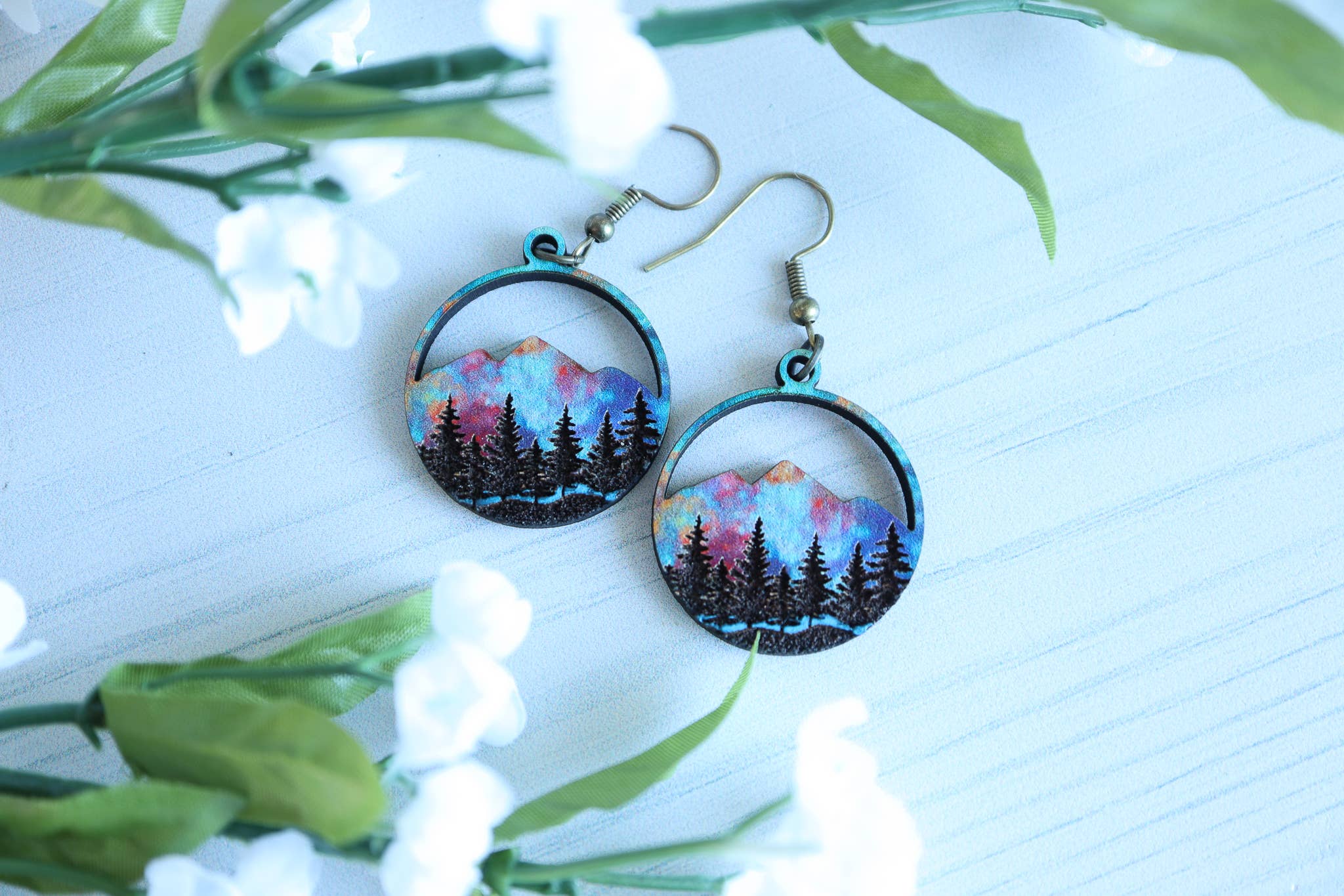Wanderlust Sunset Mountain Wooden Stud Dangle Earrings
