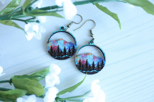 Wanderlust Sunset Mountain Wooden Stud Dangle Earrings