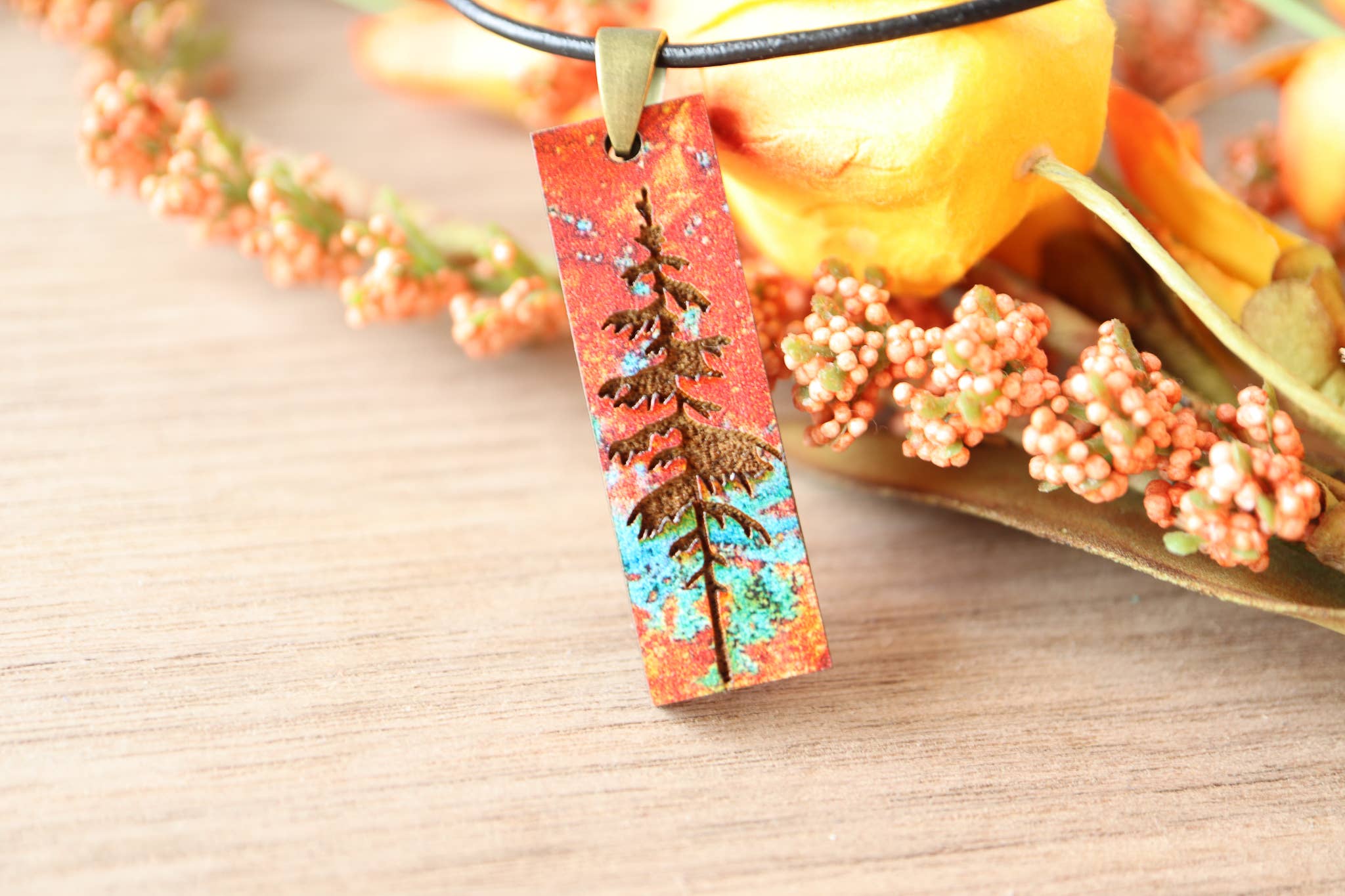 Patina Pine Wood Pendant Necklace Minimalist Gifts