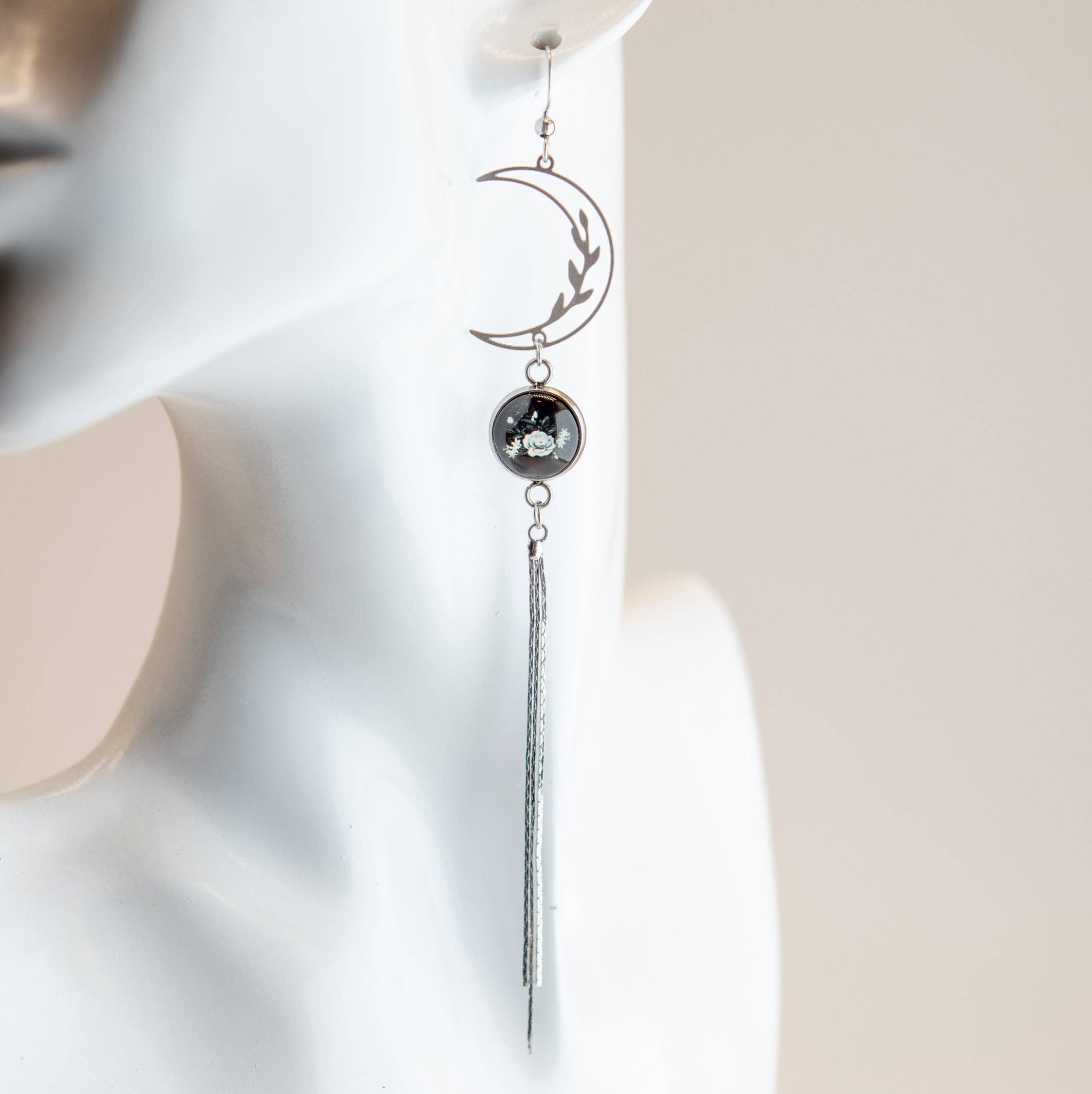 Stainless Steel and Glass Earrings Long Moon Flowers Art Nouveau