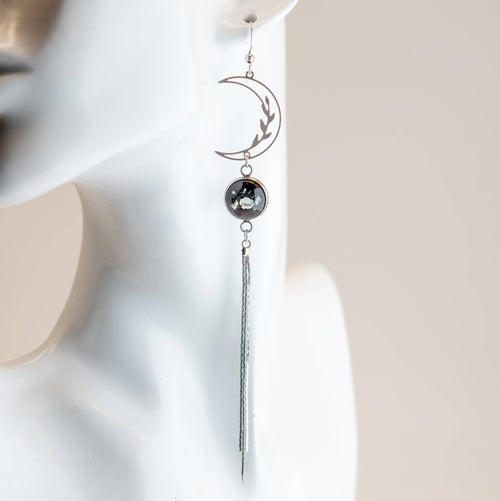 Stainless Steel and Glass Earrings Long Moon Flowers Art Nouveau