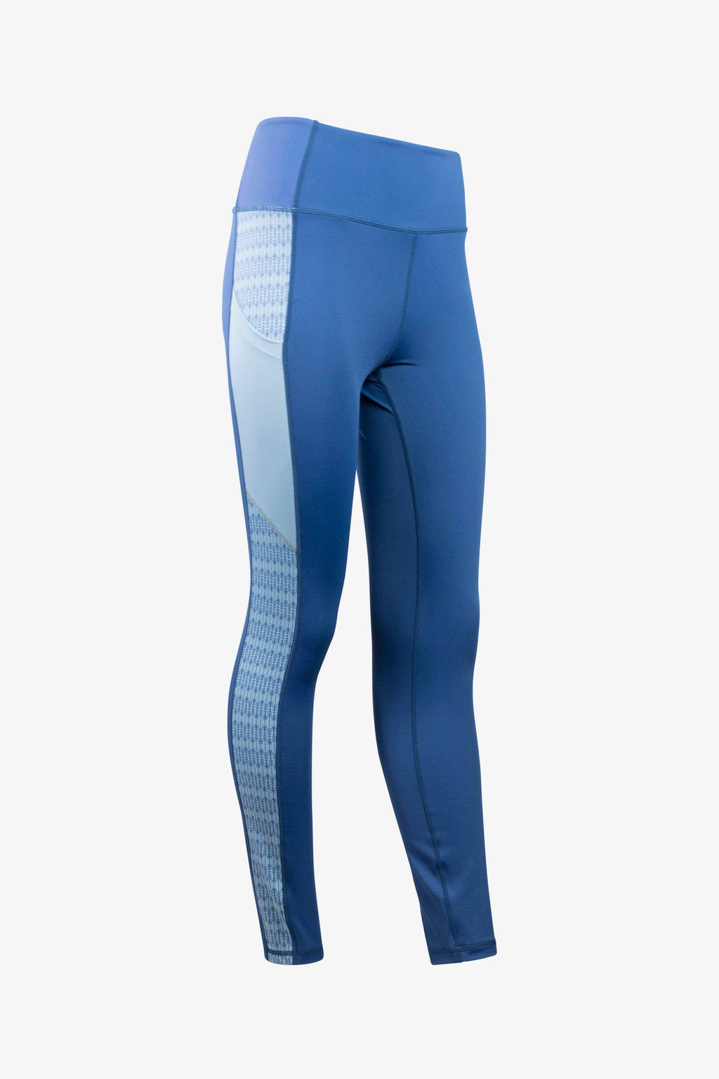 A pair of Trailhead Leggings in black and gray from Belong Designs, featuring a high waistband and vertical striped pattern on the side panels from waistband to ankle. Crafted from smooth and stretchy PrimaFlex material, these leggings are perfect for both athletic and casual wear. They also come with multiple pockets for added convenience.