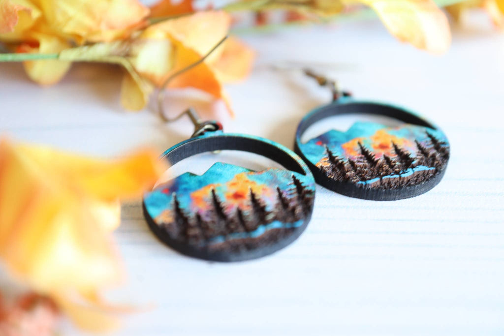 Ember Sunset Mountain Wood Dangle Earrings