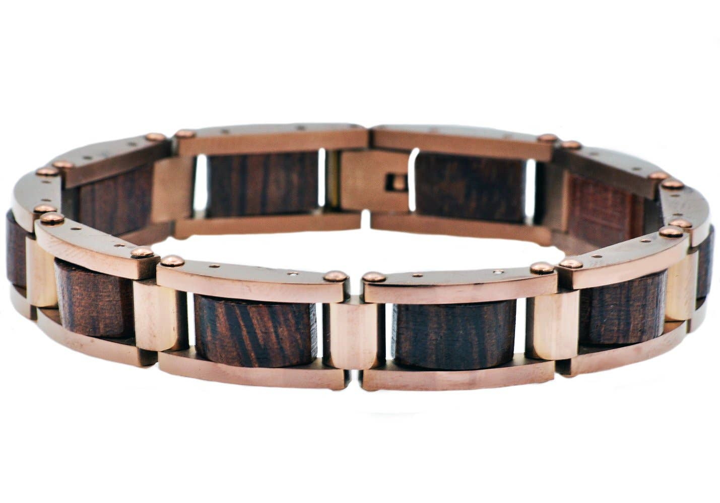Men's Chocolate Stainless Steel & Genuine Wood Link Bracelet