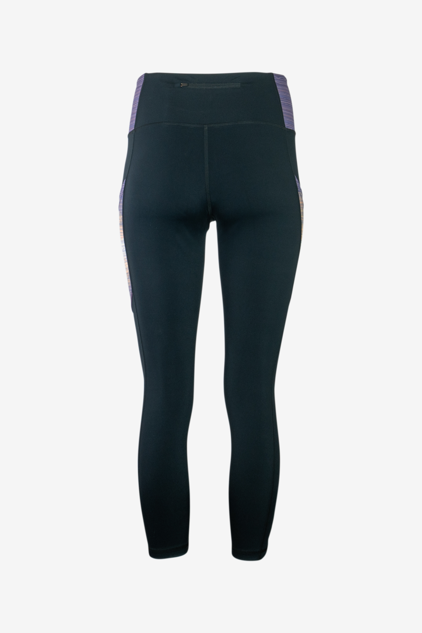 The Trailhead 7/8 Leggings from Belong Designs are black athletic leggings with a high waist and calf-length cut. They feature a colorful striped pattern in shades of purple and blue on the waist and leg panels. Crafted from PrimaFlex material, these multi-pocketed leggings also display a small logo on the left leg against a white background.