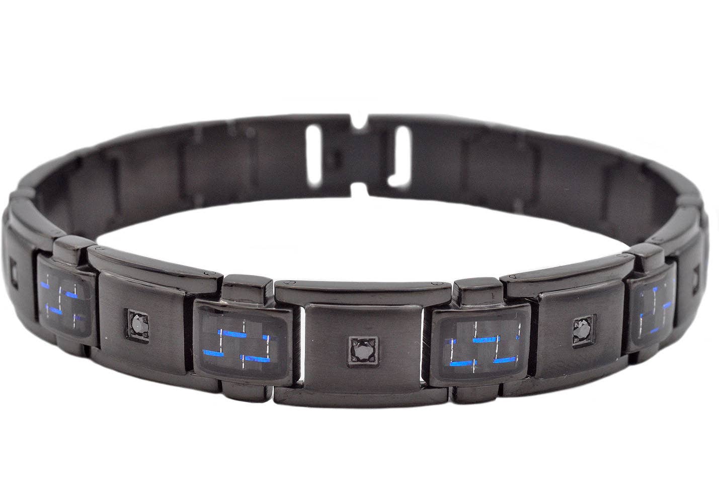 Men's Black And Blue Carbon Fiber Black Stainless Steel Bracelet With Black Cubic Zirconia 8.5 inch