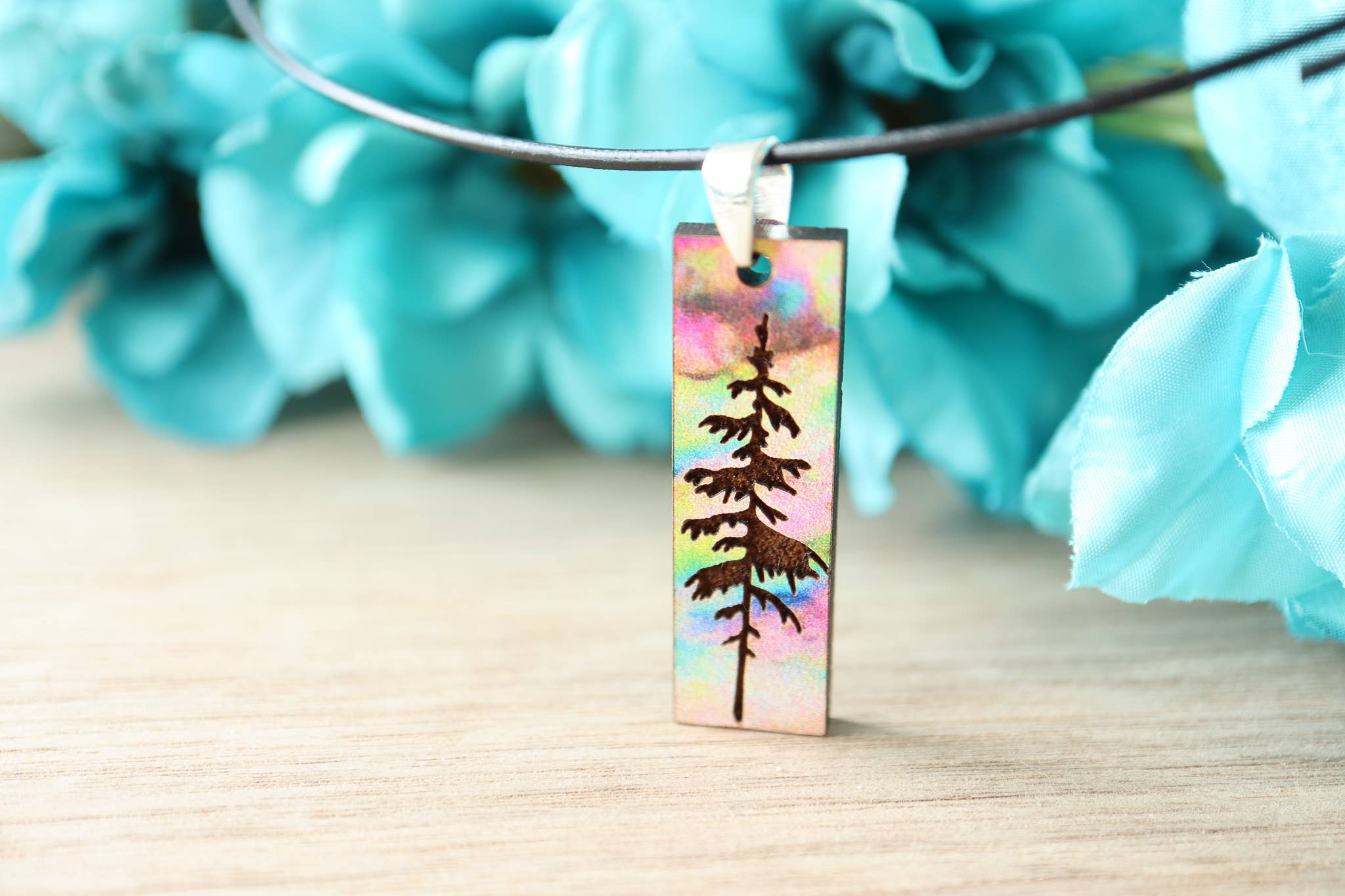 Aurora Pine Tree Engraved Pendant Necklace Wood