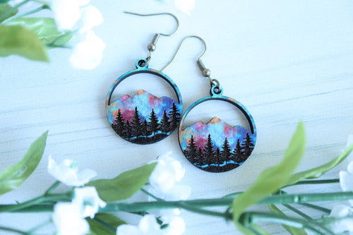 Wanderlust Sunset Mountain Wooden Stud Dangle Earrings