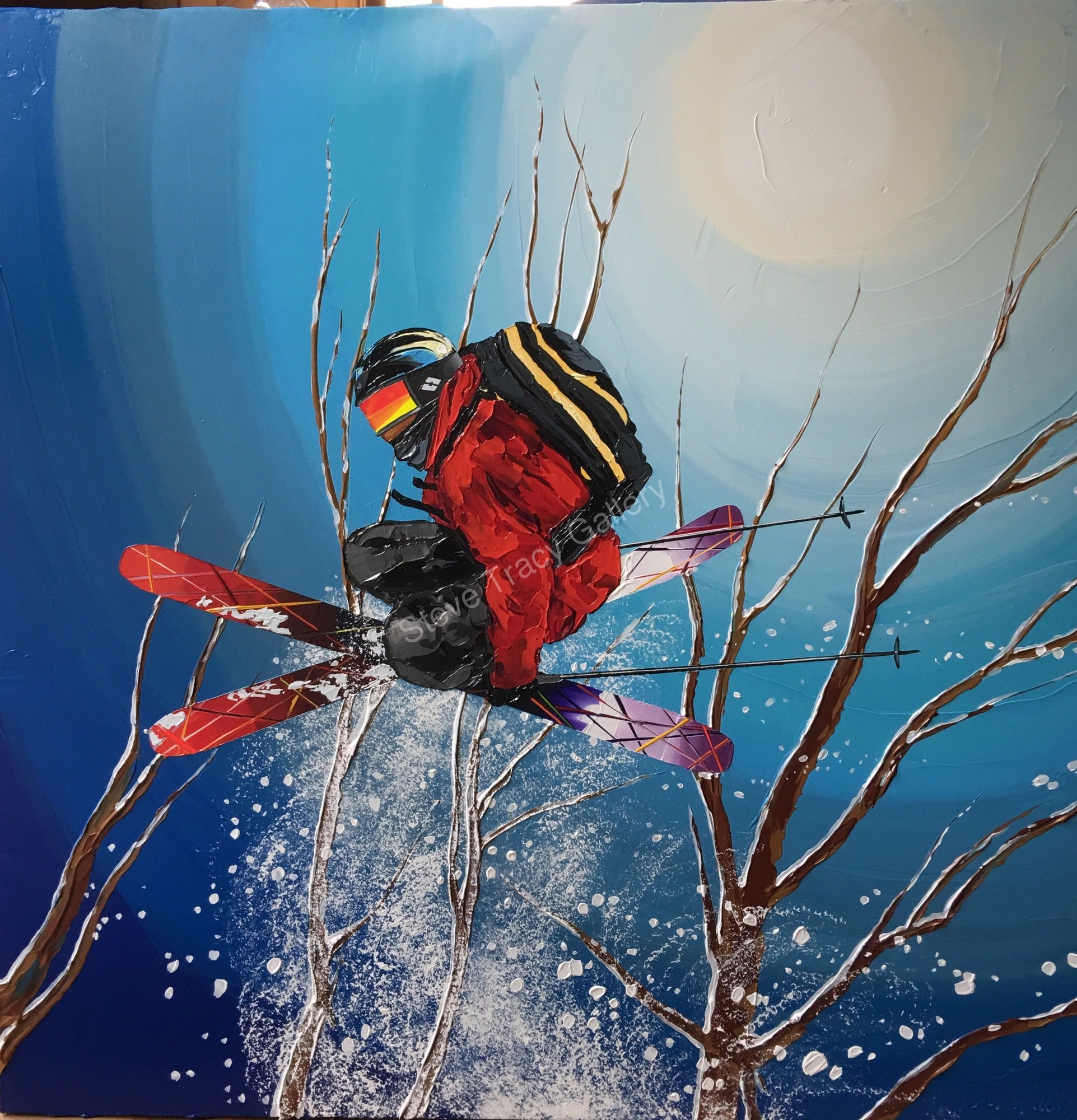 Extreme Skiers Art on Acrylic Trimming the Trees