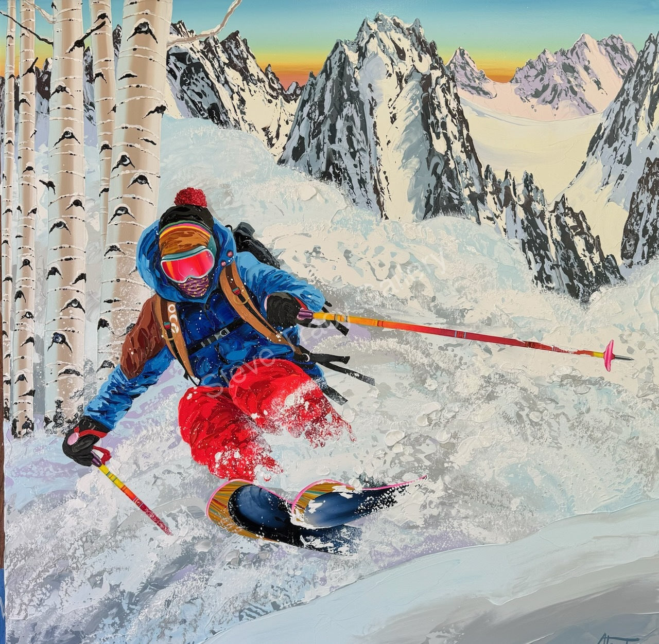 Extreme Skiers Art on Acrylic Stoking the Glades