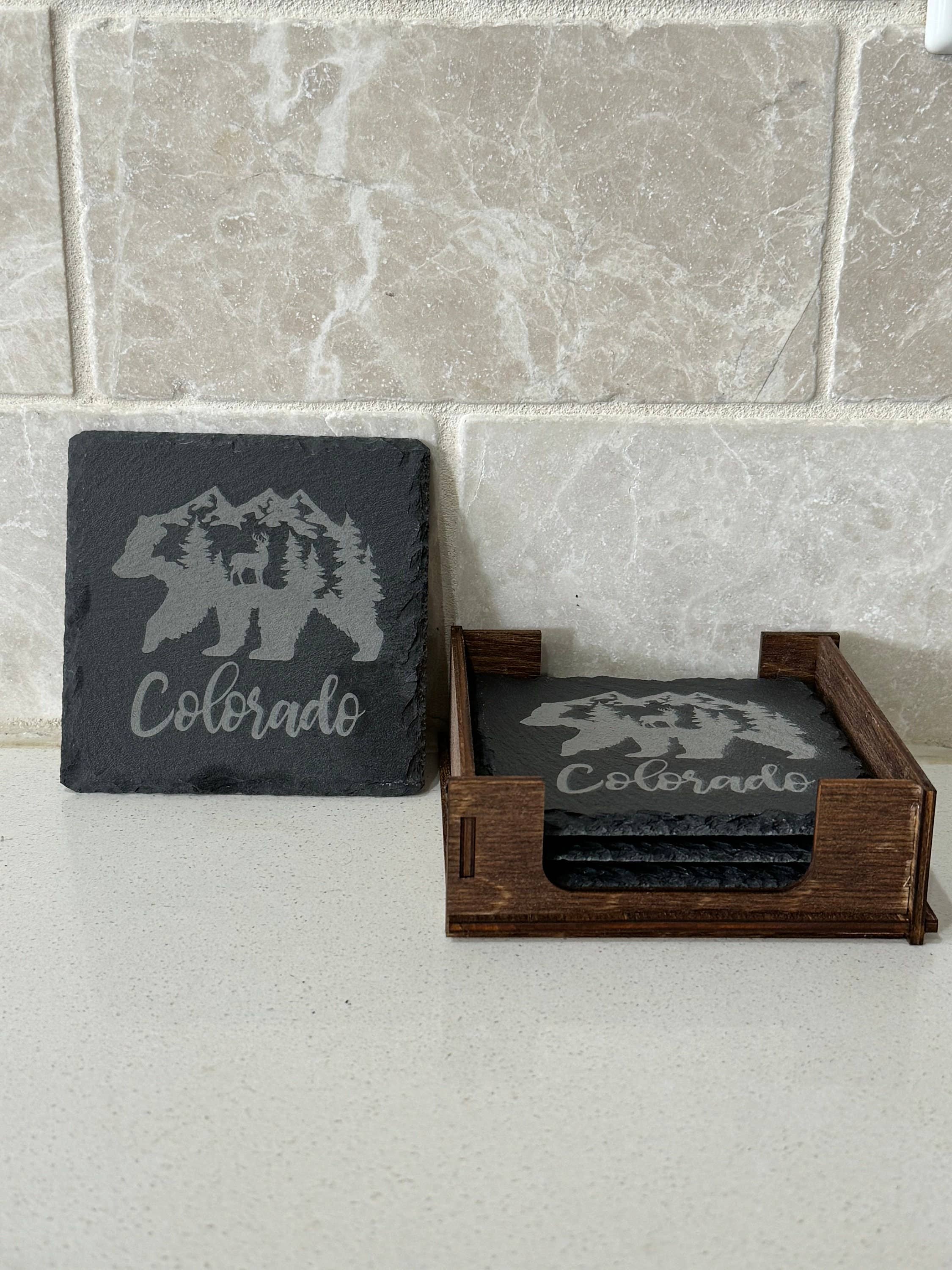 Set Of 4 Slate Coasters With Wood Stand - Bear Motif