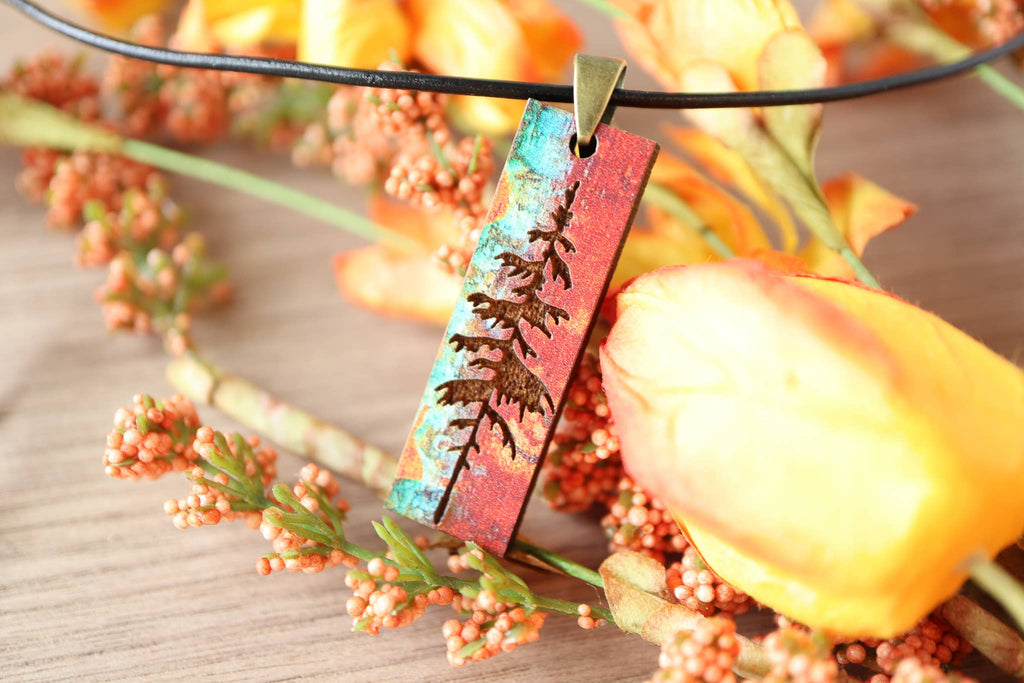 Patina Pine Wood Pendant Necklace Minimalist Gifts