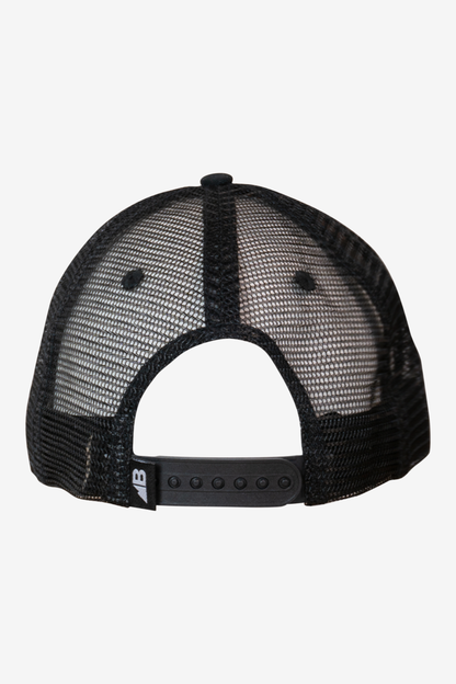 The Every Trail Trucker Hat by Belong Designs is a Black Mountain Brush trucker hat with a curved brim. The front panel showcases a vibrant wavy line design in shades of red, yellow, blue, and white with "BELONG" emblazoned prominently. The back and sides are made of breathable white mesh for added comfort.
