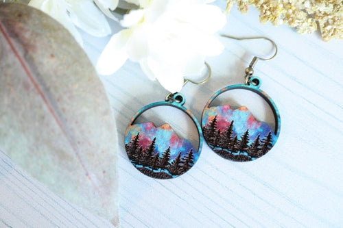 Wanderlust Sunset Mountain Wooden Stud Dangle Earrings