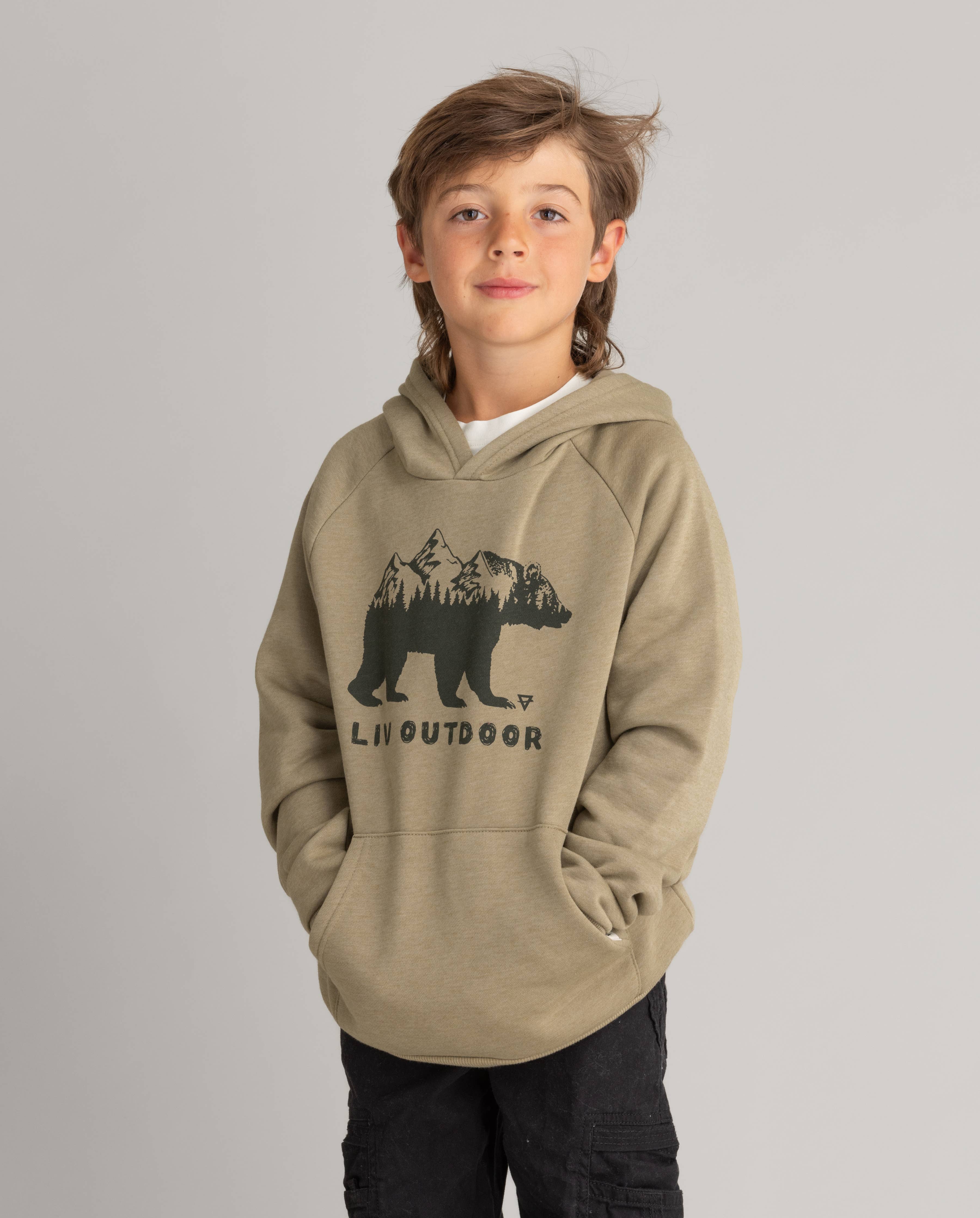 LIV Outdoor Boys Graphic Pullover Hoodie Twill Bear Mountain