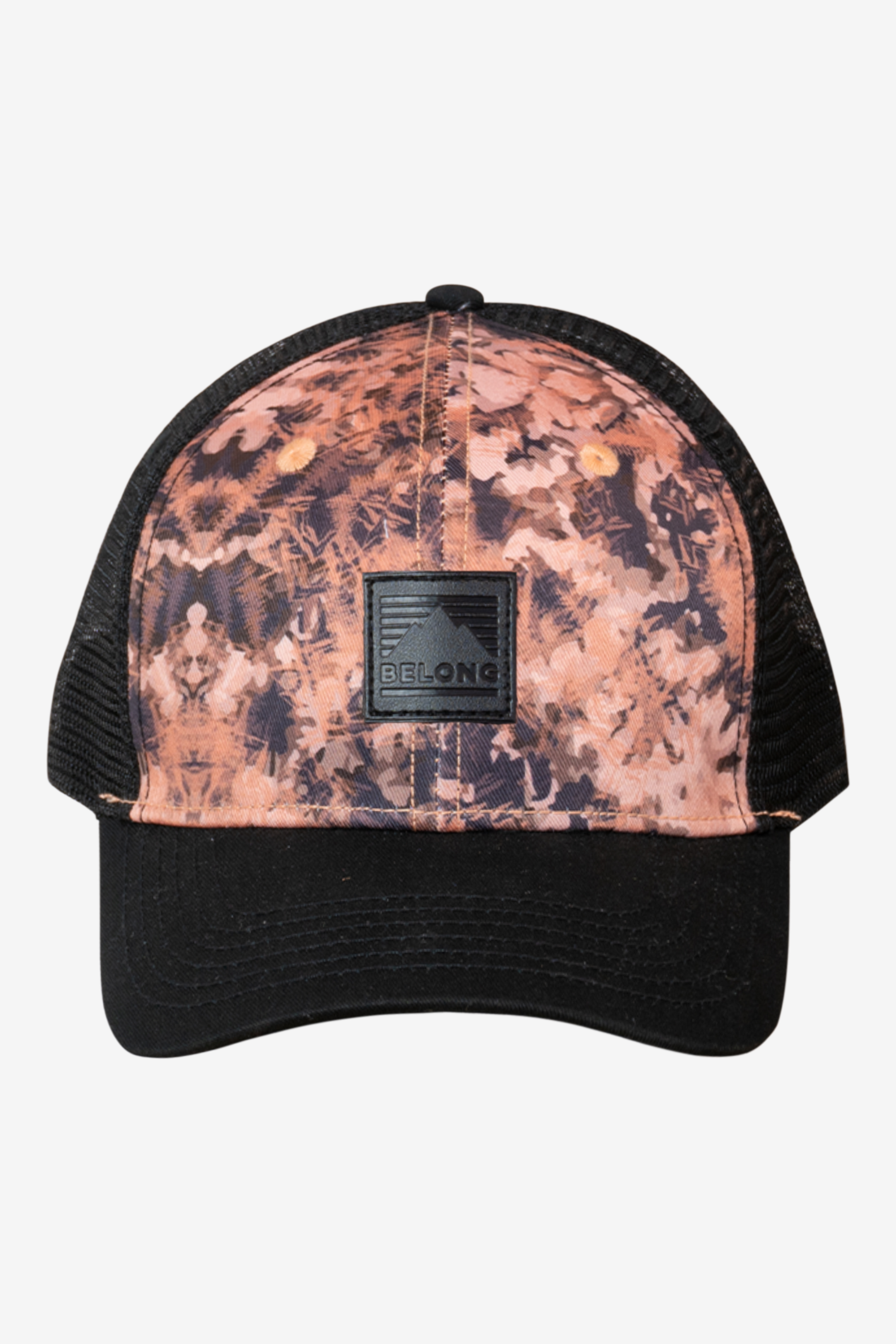 The Every Trail Trucker Hat by Belong Designs is a Black Mountain Brush trucker hat with a curved brim. The front panel showcases a vibrant wavy line design in shades of red, yellow, blue, and white with "BELONG" emblazoned prominently. The back and sides are made of breathable white mesh for added comfort.