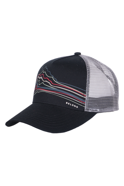 The Every Trail Trucker Hat by Belong Designs is a Black Mountain Brush trucker hat with a curved brim. The front panel showcases a vibrant wavy line design in shades of red, yellow, blue, and white with "BELONG" emblazoned prominently. The back and sides are made of breathable white mesh for added comfort.