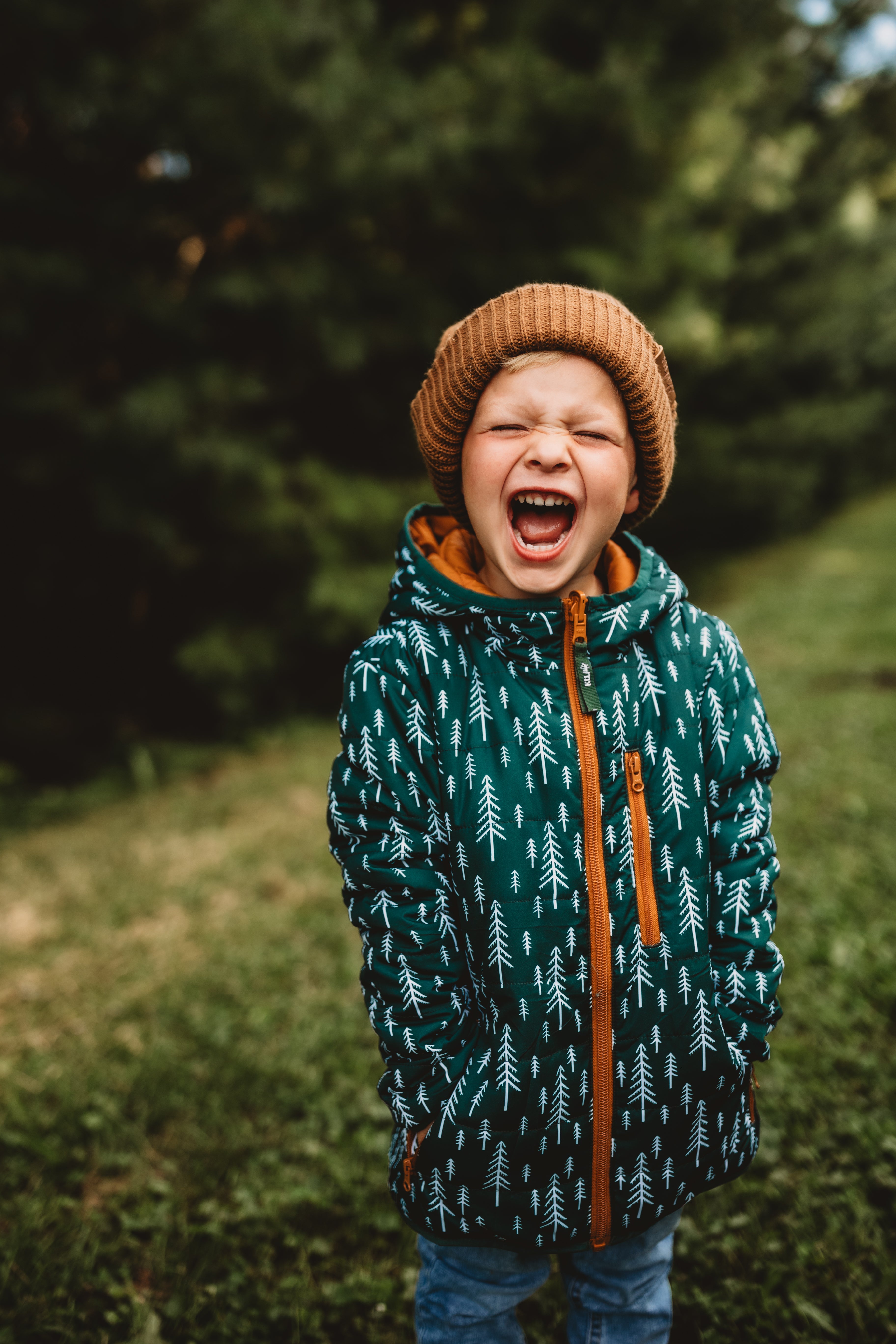 Lightweight Kids Puffy Greeen Trees Brown