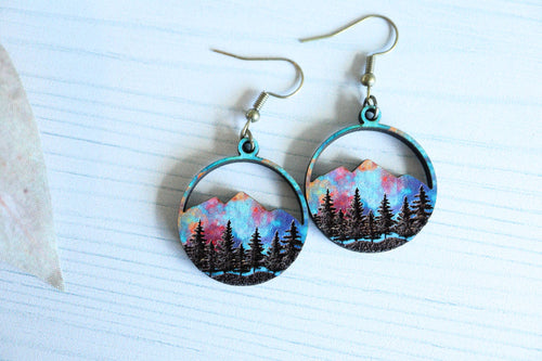 Wanderlust Sunset Mountain Wooden Stud Dangle Earrings