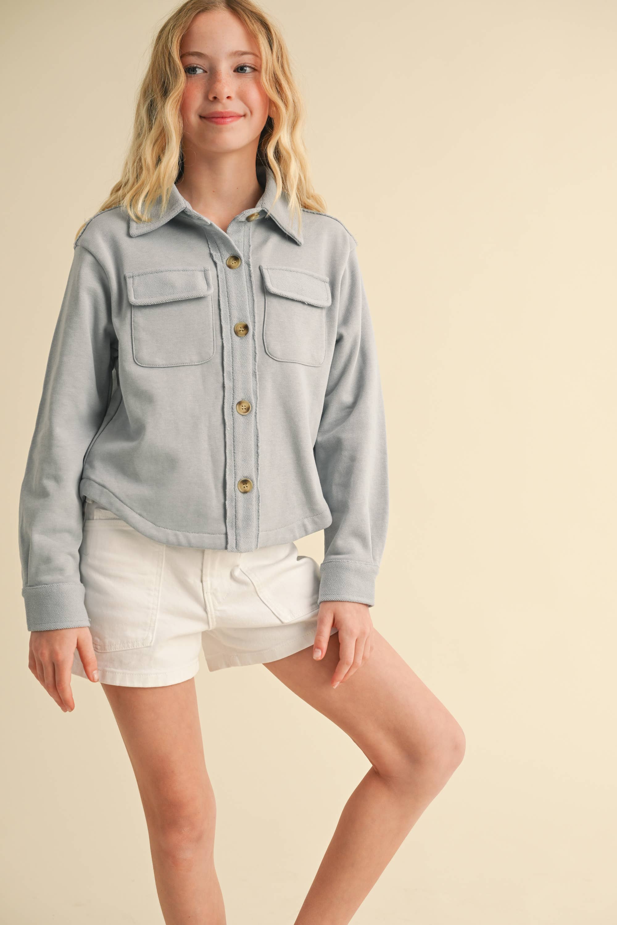 DOUBLE POCKET CROPPED SOFT SHACKET (7-14)