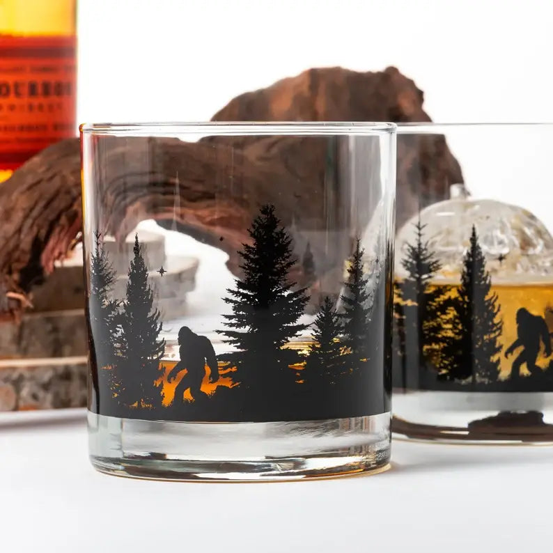 Bigfoot in the Forest Whiskey Glasses