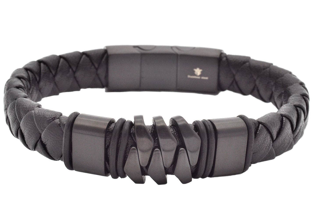 Blackjack Mens Jewelry Black Leather & S.Steel Bracelet